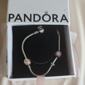 Pandora Sterling Silver Snake Chain Bracelet with Pink Murano & Heart Charm